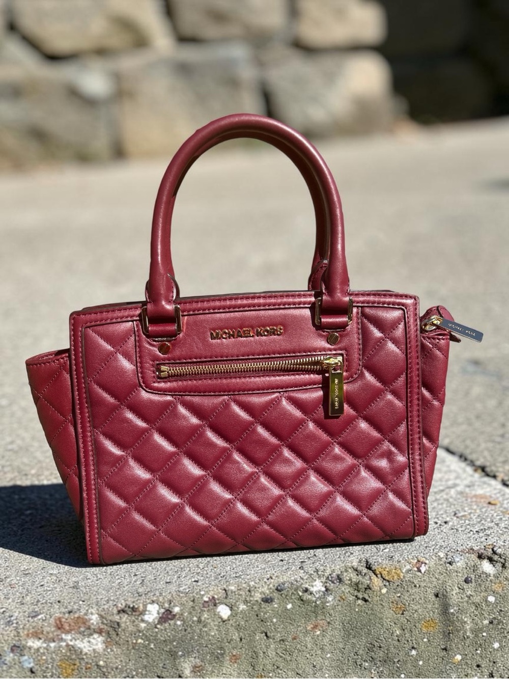 Michael Kors Burgundy Quilted Satchel Handbag Gold Hardware